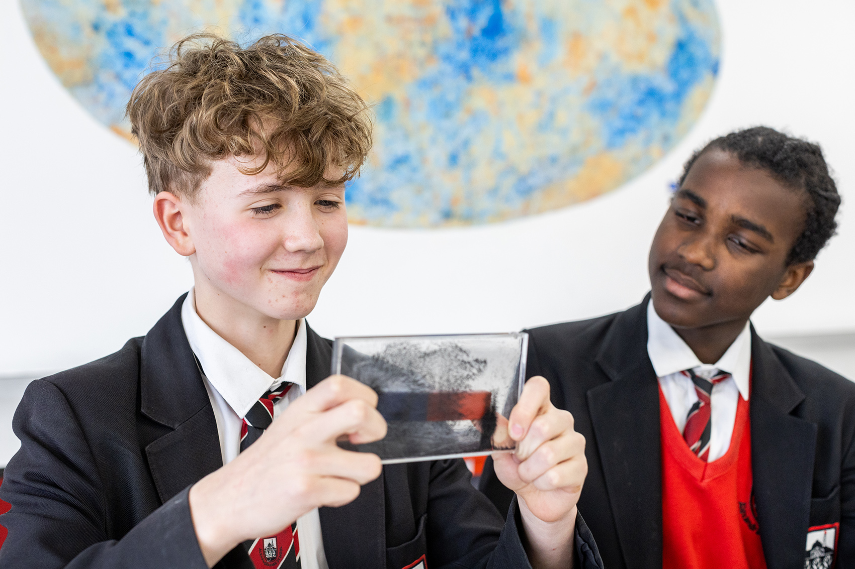 Education photography Alexandra Park School two students during a science lesson Professional education photography two students look at a science experiment during a science lesson at Alexandra Park School in North London