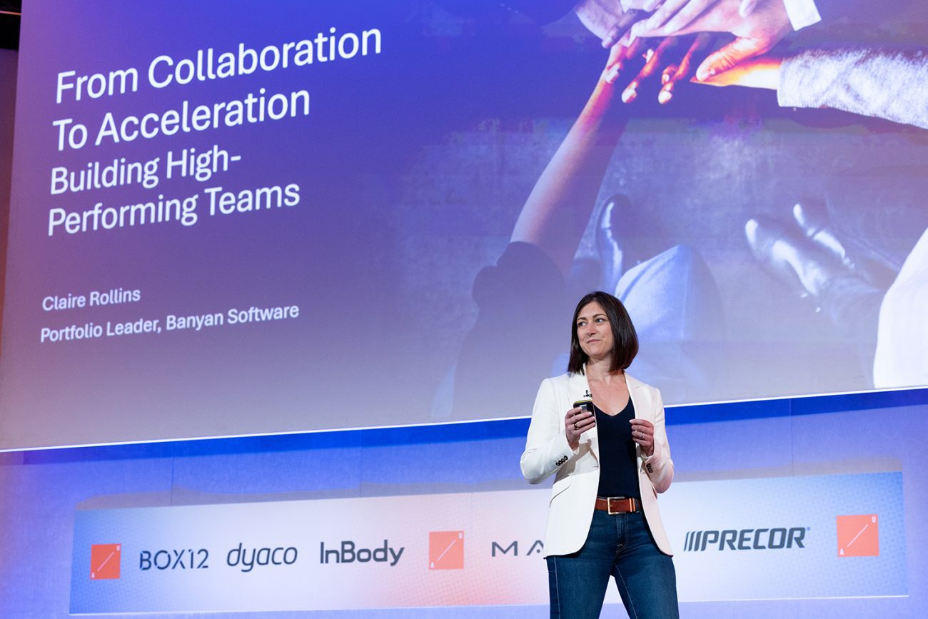 Conference photograph that shows Claire Rollins from Banyan Software during her intervention at UK Active event Active Uprising that took place at thee QEII Centre in Westminster London